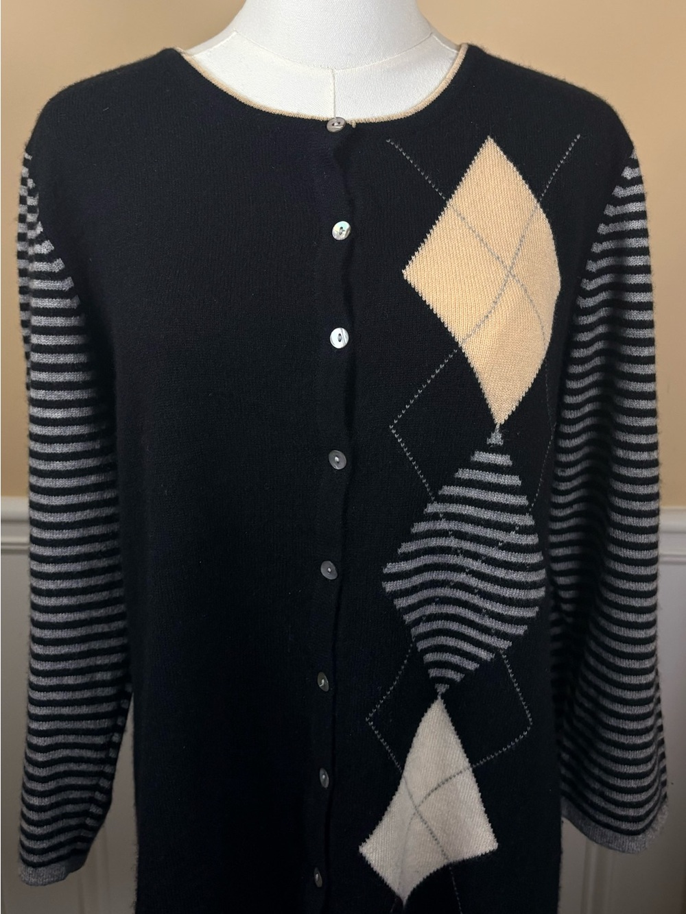 🖤 Lauren Hansen 100% Cashmere Argyle Stripe Cardigan XL